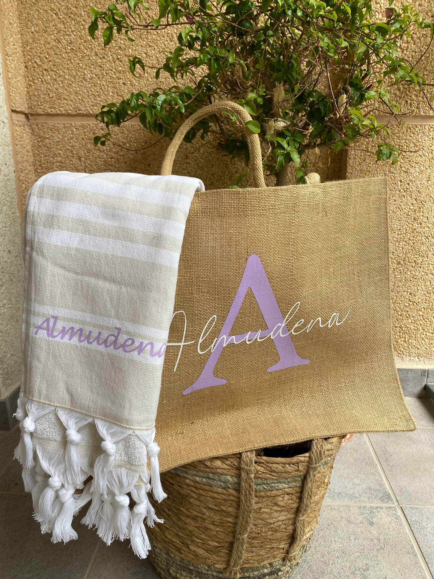 Pack bolsa de yute y toalla para el verano personalizada