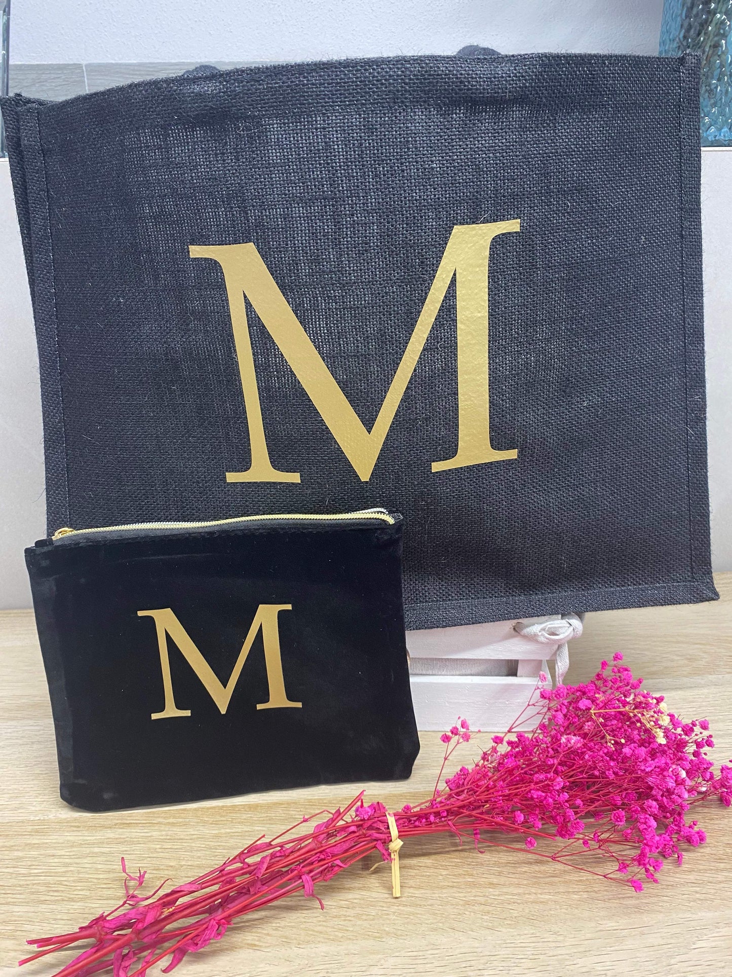 Bolsa de yute y monedero negro - REGALA AMOR