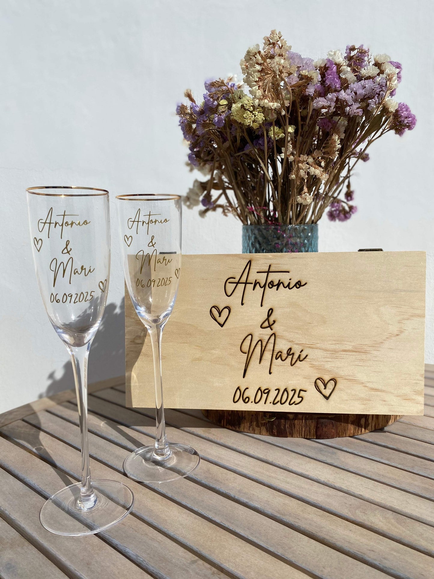 Copas para novios + caja de madera personalizada - REGALA AMOR