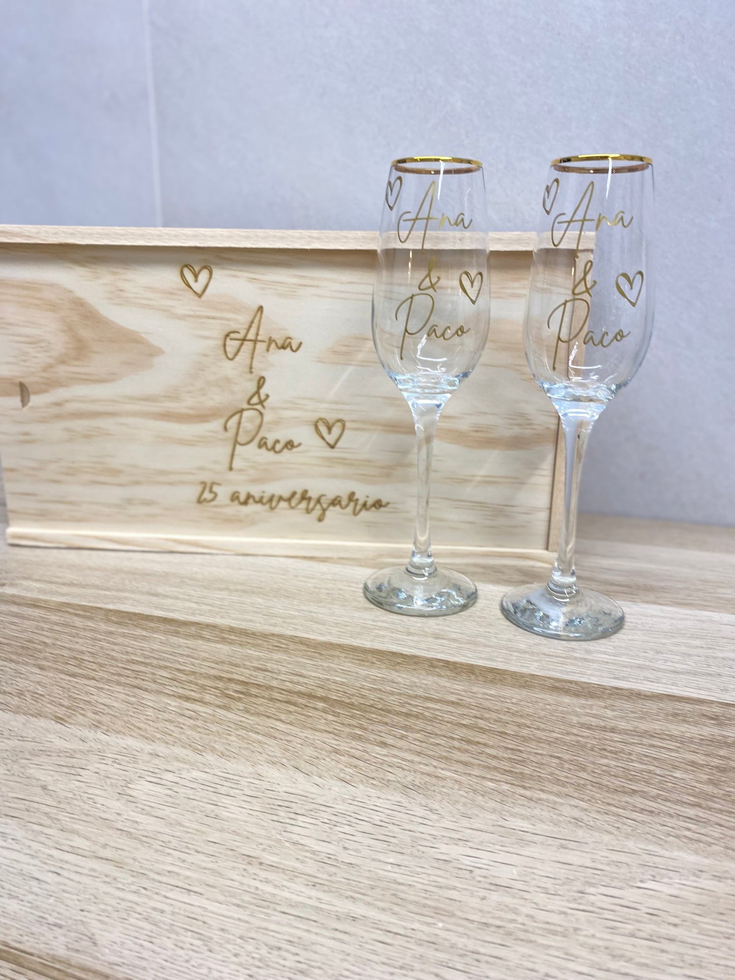 Copas para novios + caja de madera personalizada