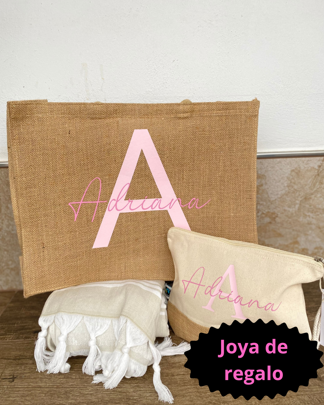 Pack verano bolsa yute , toalla y neceser personalizado con nombre y inicial