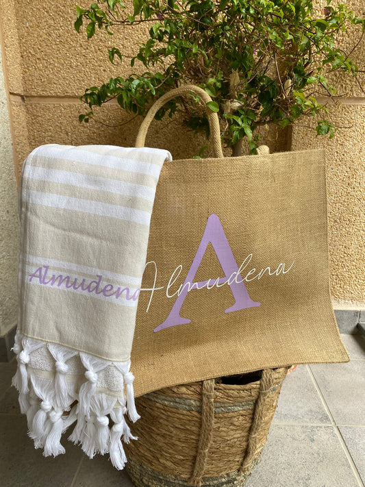 Pack bolsa de yute y toalla para el verano personalizada
