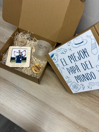 Pack caja papá llavero, abridor foto imán y taza