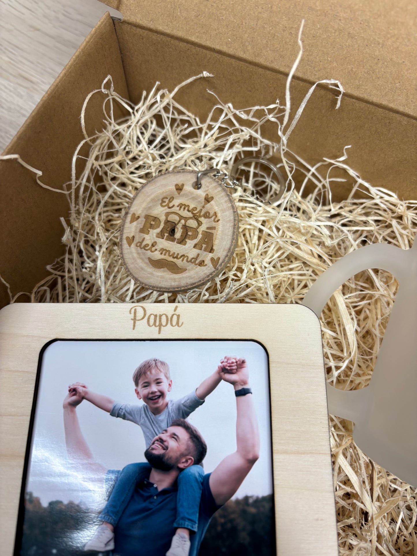 Pack caja papá llavero, abridor foto imán y taza