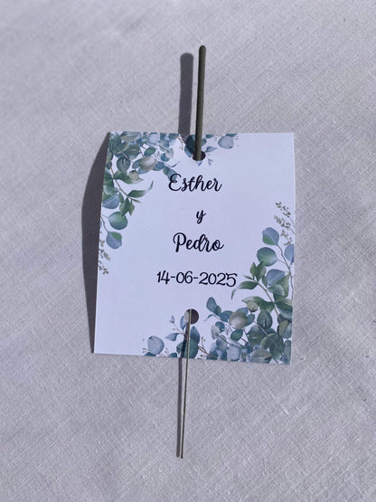 Bengalas eucalipto con tarjeta personalizada para boda - REGALA AMOR