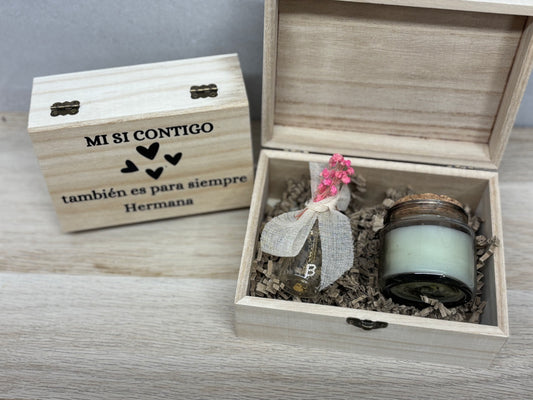 Regalo Boda Hermana – Caja Madera con Collar y Vela Personalizado