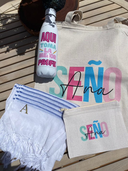 Pack tote Bag, pareo, neceser y botella personalizada