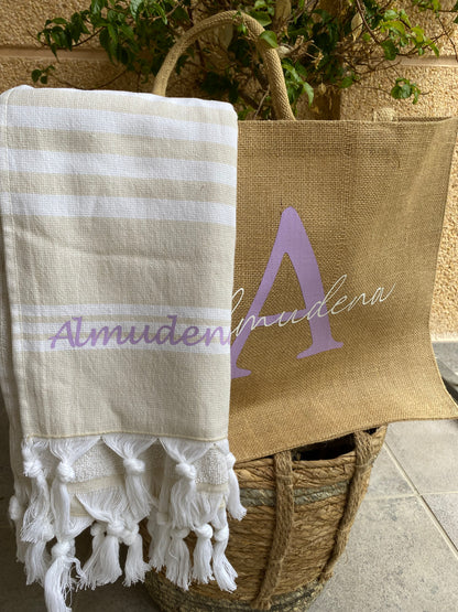 Pack bolsa de yute y toalla para el verano personalizada