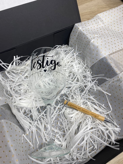 Caja testigo boda: copa + bolígrafo + estuche personalizado