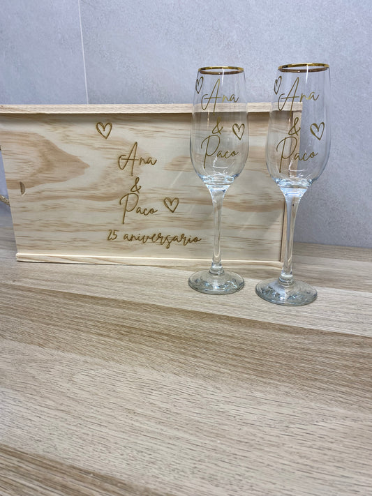 Copas para novios + caja de madera personalizada