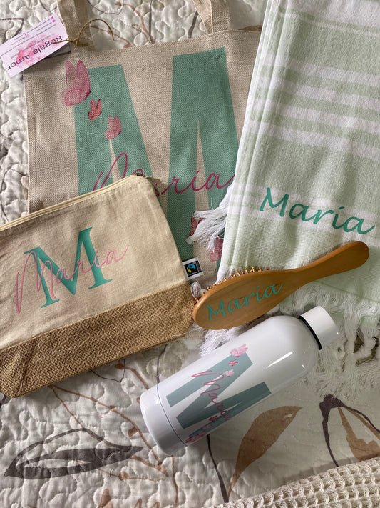 Pack verano tote Bag , toalla, cepillo botella y neceser personalizado