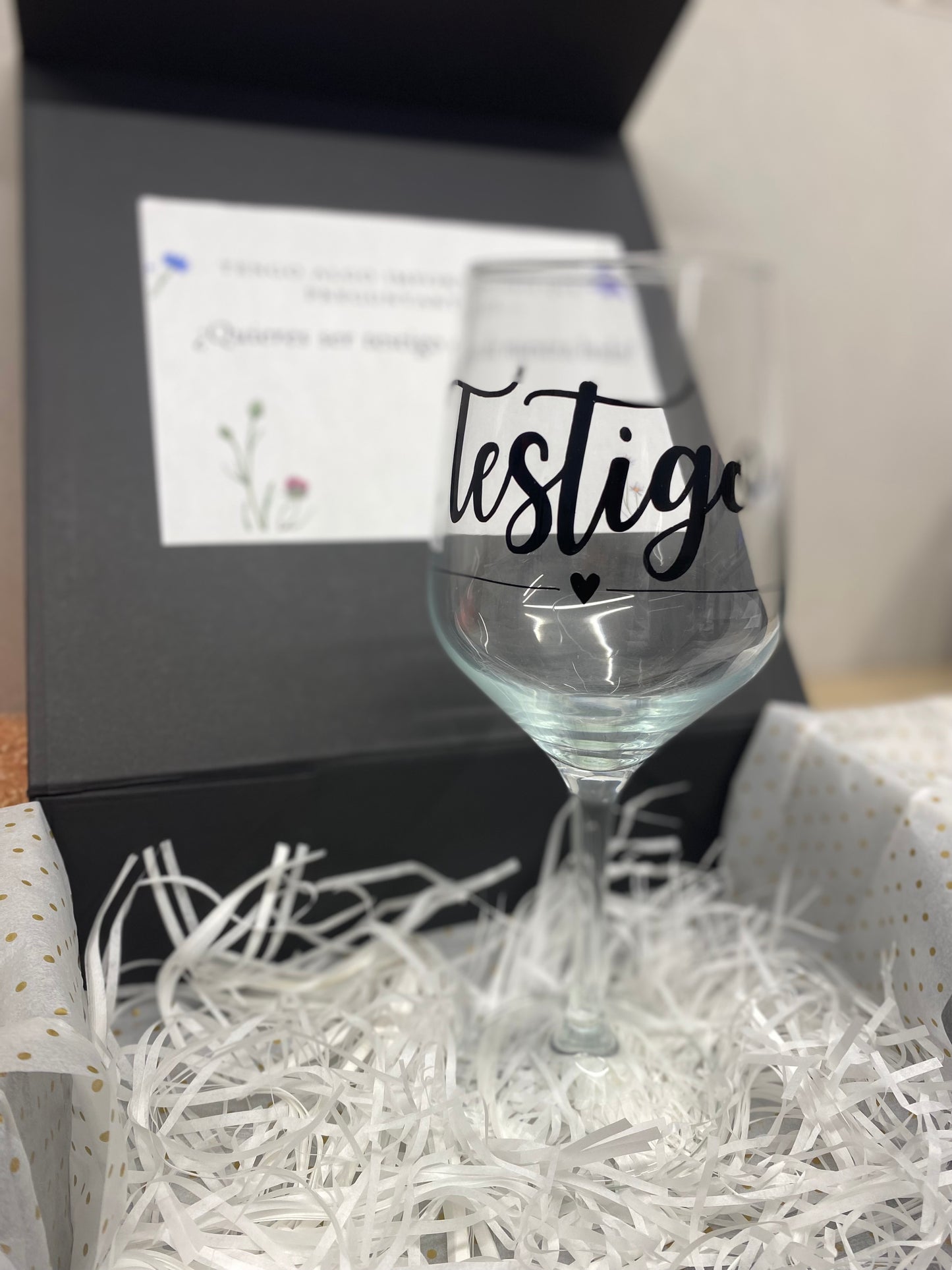 Caja testigo boda: copa + bolígrafo + estuche personalizado