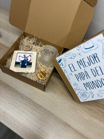 Pack caja papá llavero, abridor foto imán y taza