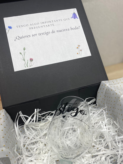 Caja testigo boda: copa + bolígrafo + estuche personalizado