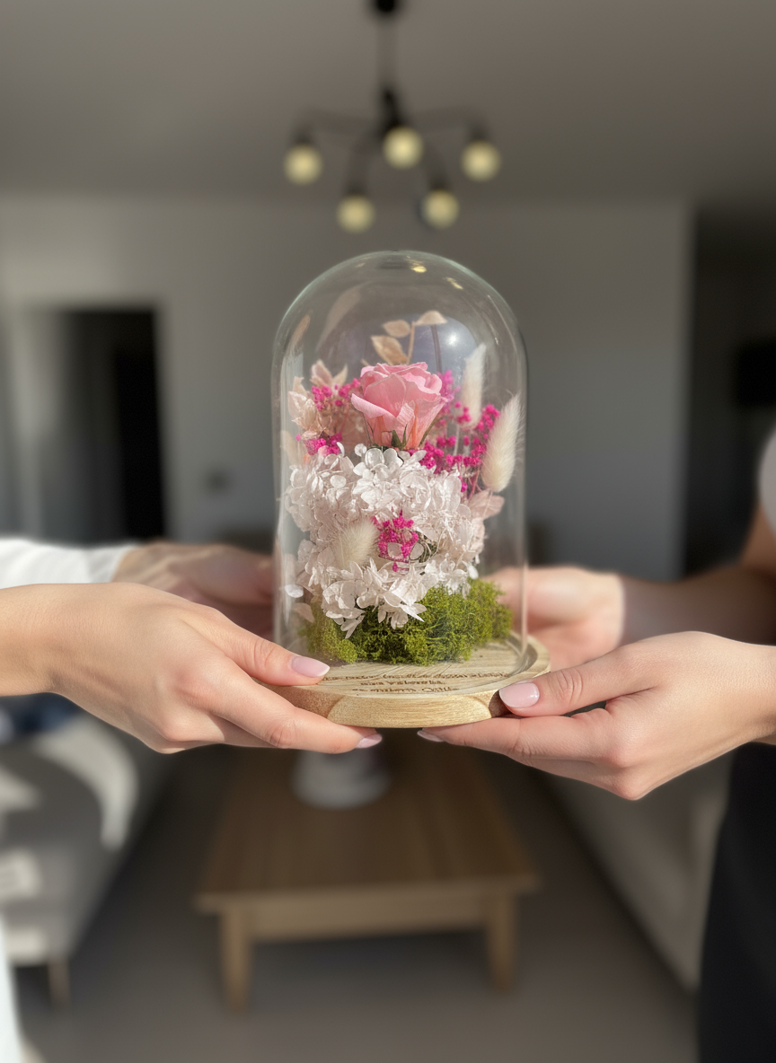 Cupula de flor preservada con rosa personalizada