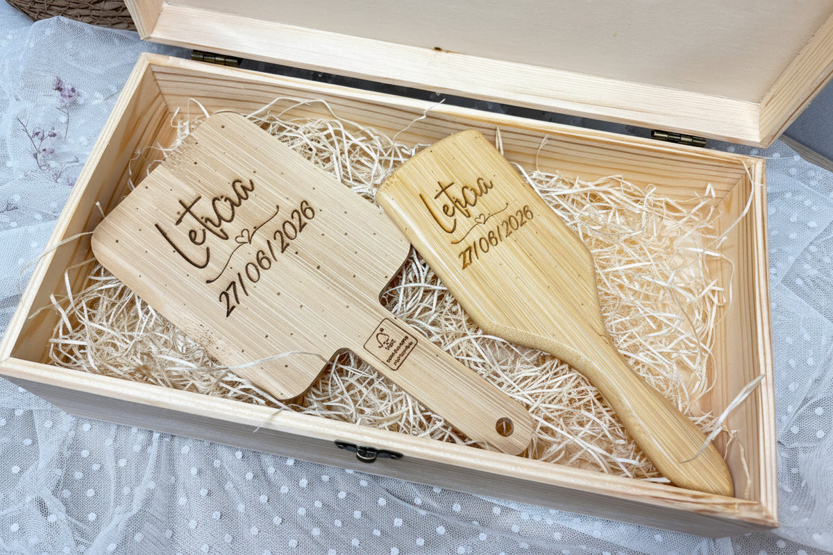 Regalo novia caja de madera, cepillo y espejo