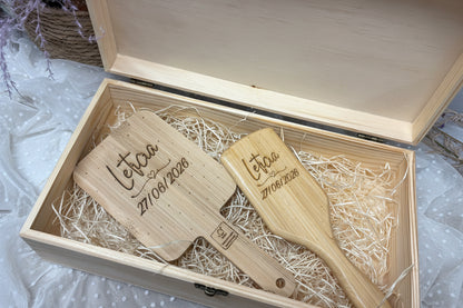 Regalo novia caja de madera, cepillo y espejo