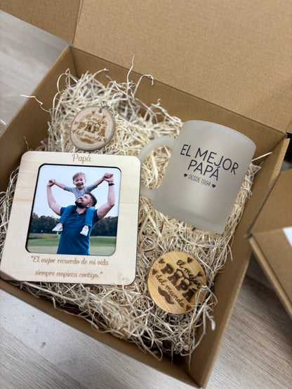 Pack caja papá llavero, abridor foto imán y taza