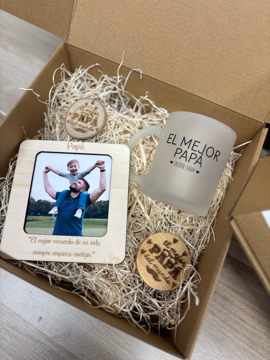 Pack caja papá llavero, abridor foto imán y taza