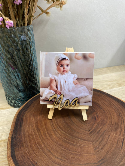 Caballete con foto para bautizo