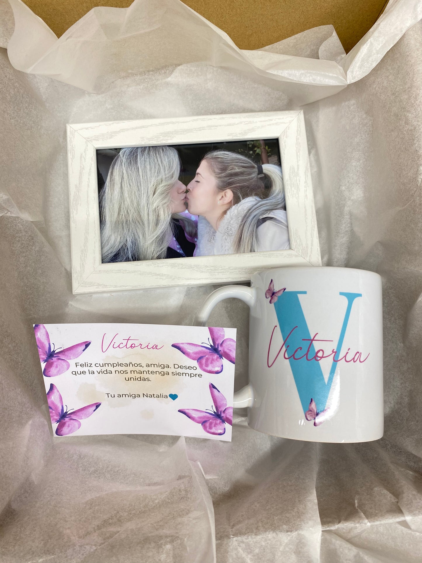 Caja con taza personalizada, foto + tarjeta personalizada